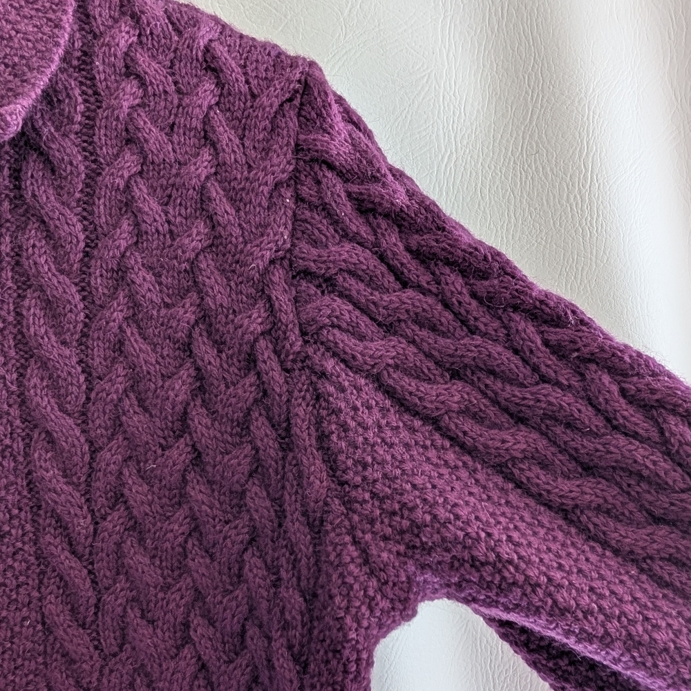 Shades Of Aran Ireland Purple Wool Fisherman Cable Knit Zipper Cardigan Sweater - Picture 4 of 13